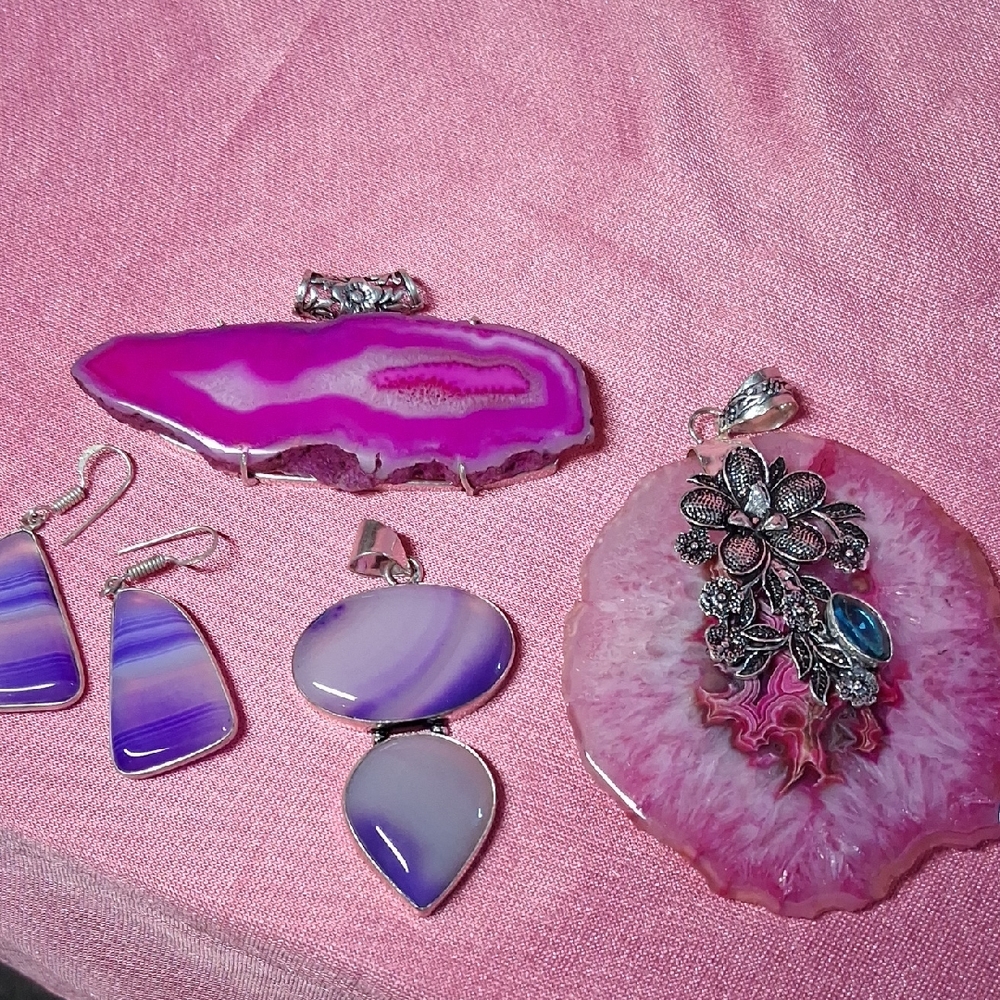 Brand New Silverplated Semiprecious Stone Jewelry Pink and Purple